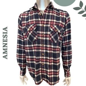 Amnesia Men’s Navy Red Plaid Flannel Button-Up Shirt Size Medium
